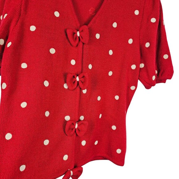 Anne Crimmins Women's S Vintage Red/White Polka Dot Whimsical Bow Front Cardigan - Picture 3 of 10
